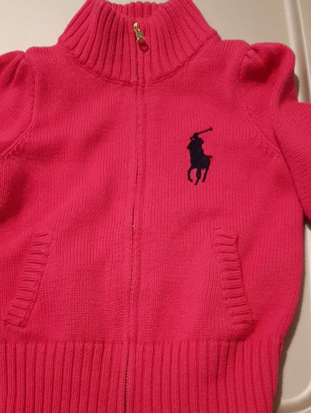 Ralph Lauren Hot Pink Full-Zip Knit Sweater With Blue Pony